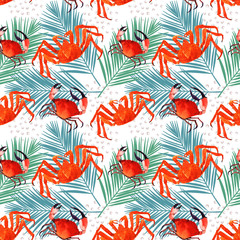 Fototapeta premium crab watercolor seamless pattern illustration, marine texture,pattern with palm leaf. tropical background