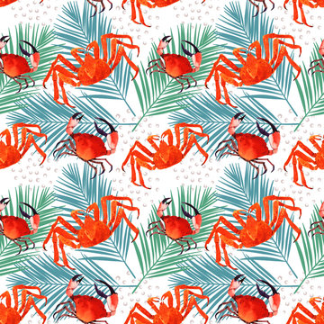 crab watercolor seamless pattern illustration, marine texture,pattern with palm leaf. tropical background