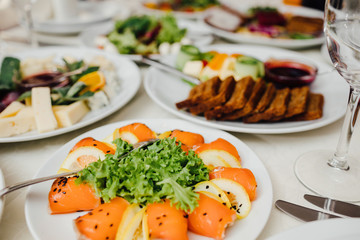 Served dishes to the table for holiday.