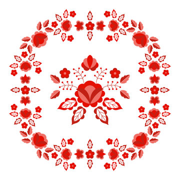 Polish folk pattern vector. Floral ethnic ornament. Slavic eastern european print. Red flower frame design for rustic wedding card, craft napkins, tablecloth, pillow case, fashion embroidery scarf.