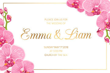 Wedding marriage event invitation card template. Horizontal landscape orientation rectangular border frame corners decorated with blooming bright pink purple orchid phalaenopsis flowers.