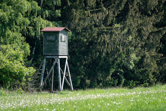 Wooden lookout tower for hunting in the woods and on meadow