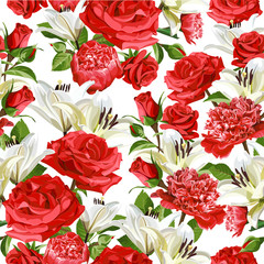 Seamless floral pattern with red Roses, Peonies and white Lilies on light background.