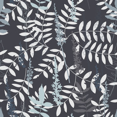 Floral vector seamless pattern with hand drawn  meadow flowers, twigs and leaves.