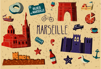 Cartoon style France Marseille sightseeing vector poster. South vacation postcard illustration attraction icon set - obrazy, fototapety, plakaty