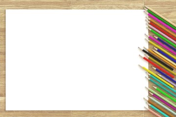 3D rendering image of color pencil with blank white paper on wooden table, with copy space for design