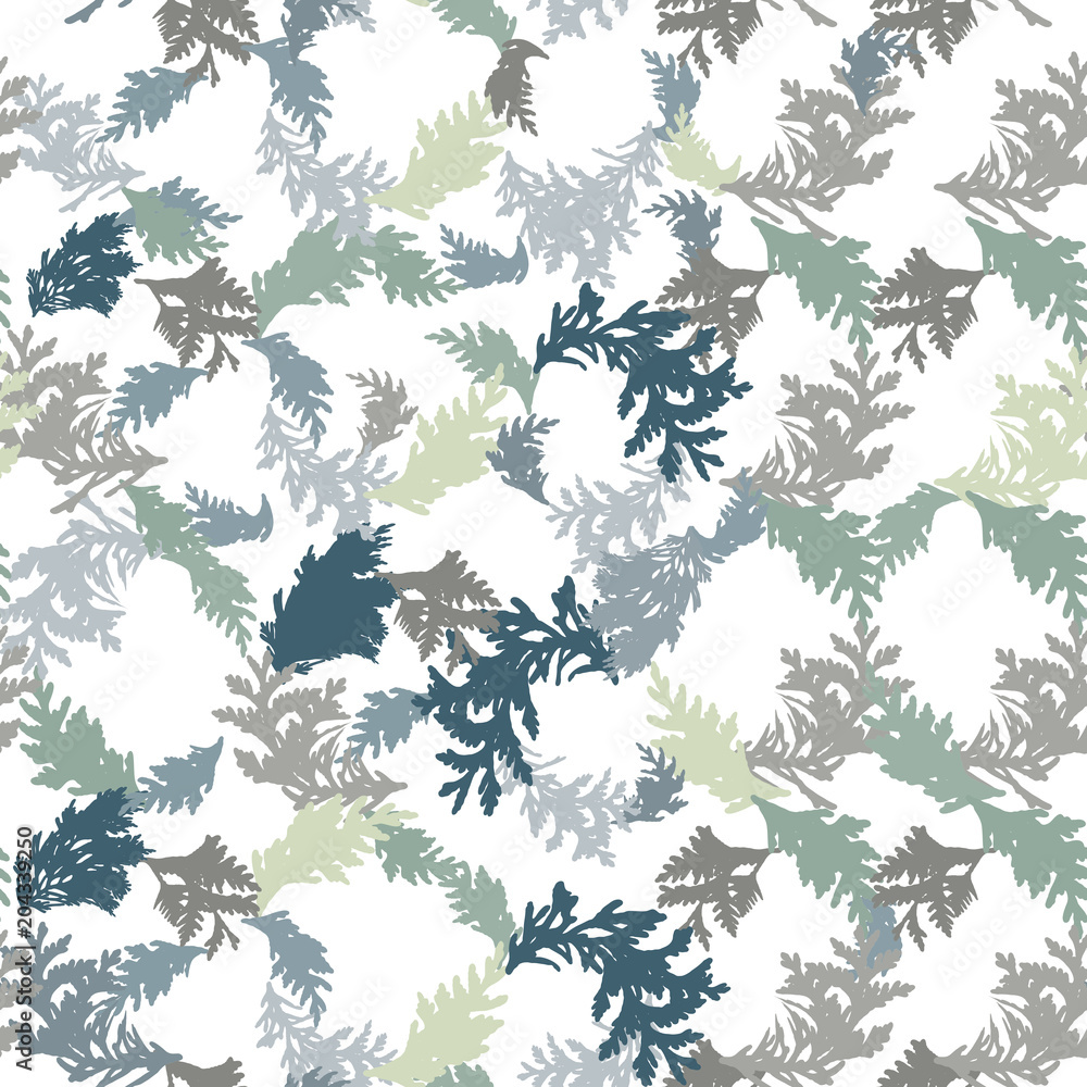 Poster botanical vector seamless pattern with thuja branches and twigs
