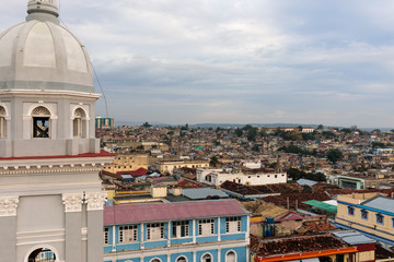 Fototapeta na wymiar Panorama of the city center with old houses Santiago de Cuba, Cuba
