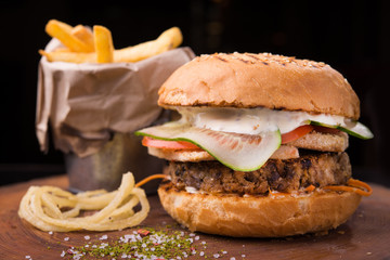 Fast food burger with french fries