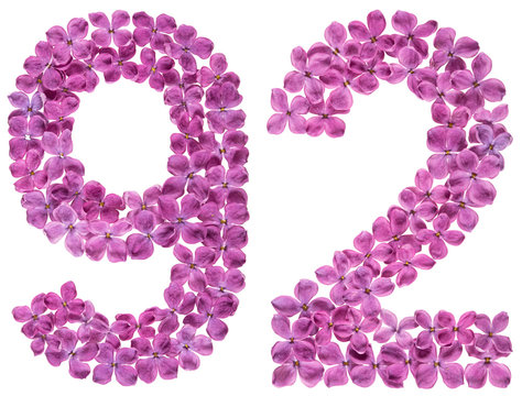 Arabic numeral 92, ninety two, from flowers of lilac, isolated on white background