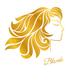 Profile of a blonde girl with golden hair and shine isolated on a white background.