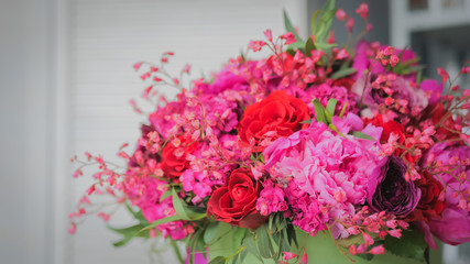 Beautiful wedding bouquet in florist studio. Floristry and handmade concept