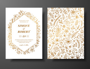 Golden vector wedding invitation with hand drawn twigs, flowers and brahches. Golden botanical template for wedding invite, save the date card, greeting card, place for your text, printable