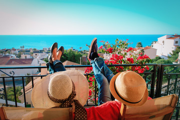 happy couple relax on balcony terrace - 204342071