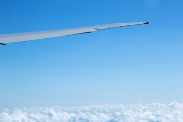 Aerial view from plane on wing and clouds