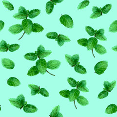 Mint leaves seamless pattern on teal background