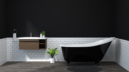 dark color interior bathroom ,toilet,shower,modern home design 3D Illustration for copy space background white tile bathroom