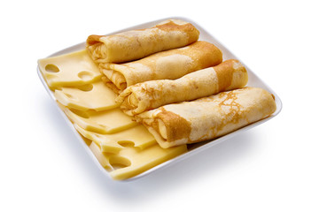 pancakes with cheese are isolated on a white background
