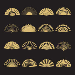 Gold hand fan vector icons. Hand fan isolated on black background