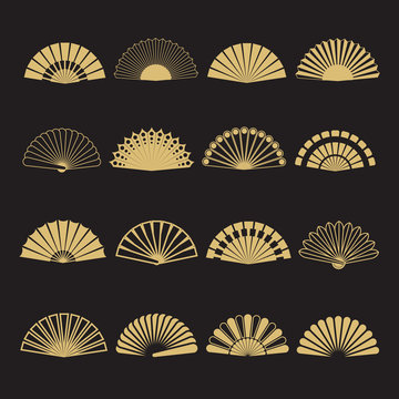 Gold Hand Fan Vector Icons. Hand Fan Isolated On Black Background