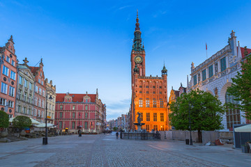 Architecture of the old town in Gdansk with city hall at dawn, Poland.