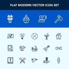 Modern, simple vector icon set with electric, close, communication, estate, record, travel, seamark, drink, boy, screwdriver, hammer, cocktail, vessel, construction, architecture, lighthouse, tv icons