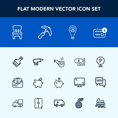 Modern, simple vector icon set with envelope, map, vintage, sack, construction, home, urban, picking, comfortable, road, vehicle, vessel, lot, post, crane, car, military, war, chair, business,  icons
