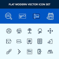 Modern, simple vector icon set with stationary, office, cassette, phone, search, waste, button, trash, movie, security, sign, web, message, bag, stereo, technology, laboratory, camera, equipment icons