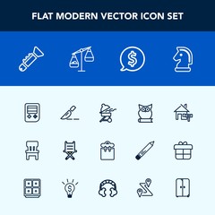 Modern, simple vector icon set with bird, home, surgery, doctor, horse, chessboard, musical, clinic, button, room, chess, people, technology, property, bugle, owl, cooking, chair, armchair, jazz icons