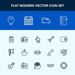 Modern, simple vector icon set with lettuce, wallet, musical, burger, hand, woman, flag, contract, america, document, guitar, trash, index, person, map, cash, real, estate, van, sign, white, bin icons