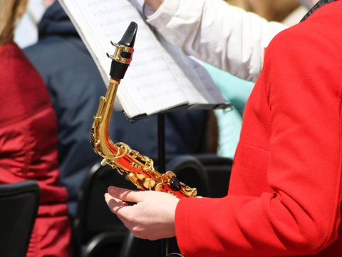 girl holding a trumpet is a musical instrument