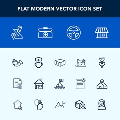 Modern, simple vector icon set with road, medicine, fashion, laboratory, blossom, nature, architecture, flower, surgeon, safety, navigation, house, musical, machine, home, sea, water, sew, money icons