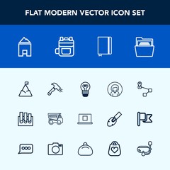 Modern, simple vector icon set with profile, blank, nature, vehicle, young, home, file, research, woman, construction, dumper, house, mountain, page, dump, folder, web, shovel, navigation, bulb icons