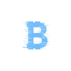 Blue bitcoin sign in glitch style on white background. Internet money digital vector illustration. Interference effect for image