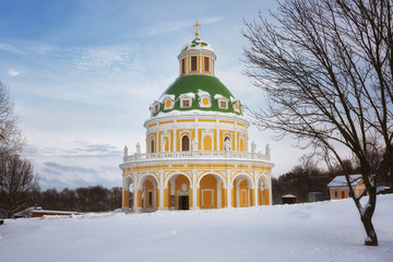 Baroque style church of the Nativity of the Virgin in Podmoklovo (XVIII century) in winter day,...