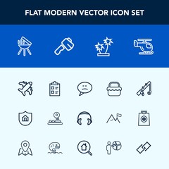 Modern, simple vector icon set with checklist, protection, rod, list, grill, button, flight, speech, bbq, meat, transport, reel, technology, headphone, barbecue, message, bubble, sport, house icons