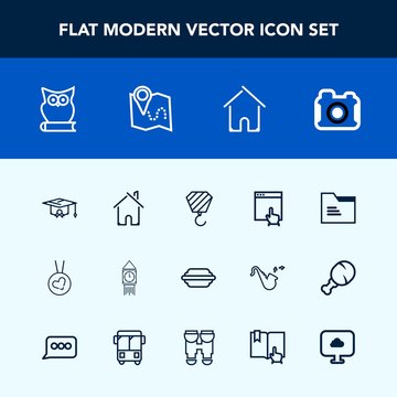 Modern, simple vector icon set with home, building, photography, college, technology, tower, photo, big, london, construction, food, hamburger, necklace, ben, bun, house, office, lettuce, animal icons