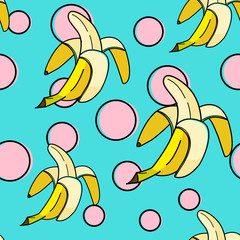 Banana background with pop art dots in 80s, 90s style. Summer tropical seamless pattern. Fruit banner with banana background for fabric, textile, cloth, wrapping, home decor. Trendy template.