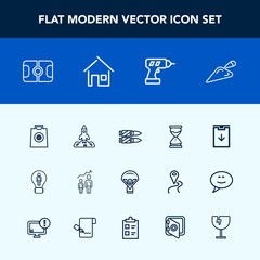 Modern, simple vector icon set with progress, bullet, extreme, shovel, personal, hour, soccer, hourglass, pitch, sign, retail, space, success, sand, hand, horizontal, equipment, military, launch icons