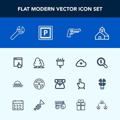 Modern, simple vector icon set with call, gun, cloud, landscape, morning, electric, technology, sun, mouse, repair, tool, nature, street, internet, power, click, environment, find, business, add icons