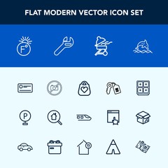 Modern, simple vector icon set with urban, sign, payment, forbidden, search, leather, cheque, bag, ocean, object, car, animal, meat, nature, real, railway, finance, safe, online, bank, dolphin icons