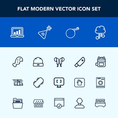 Modern, simple vector icon set with sky, knife, kitchen, technology, communication, rucksack, audio, hat, transportation, bag, head, network, snack, cap, chart, screen, headset, weapon, meal, pc icons