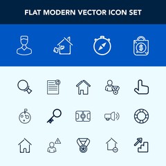 Modern, simple vector icon set with soccer, house, upstairs, sign, football, planet, building, profile, pitch, architecture, tag, astronaut, moon, pointer, security, find, downstairs, contract icons