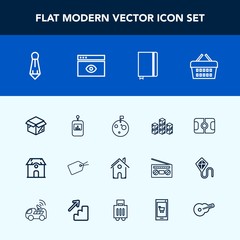 Modern, simple vector icon set with tie, sport, box, pitch, shop, soccer, page, sale, industrial, space, storehouse, sign, cardboard, football, fashion, control, basket, estate, notebook, book icons