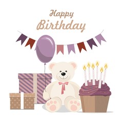 Birthday card with teddy bear, cake and  gifts on White Background
