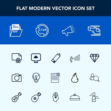 Modern, simple vector icon set with loud, electricity, jewelry, file, paper, energy, equipment, gem, pencil, speaker, success, sound, diamond, office, blank, diploma, transportation, camera, air icons