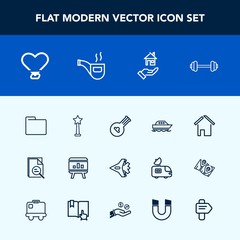 Modern, simple vector icon set with water, instrument, retro, plane, string, rent, yacht, estate, gym, house, infographic, sport, folk, fitness, jet, success, aircraft, musical, exercise, chart icons