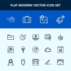 Modern, simple vector icon set with sitting, file, package, parachute, star, folder, jump, brush, pin, travel, template, document, retail, parachuting, location, setting, paint, circle, phone icons