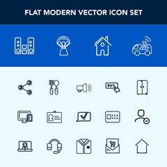 Modern, simple vector icon set with card, communication, car, satellite, shopping, audio, cupboard, web, business, navigation, interior, vehicle, estate, cabinet, building, social, megaphone, id icons