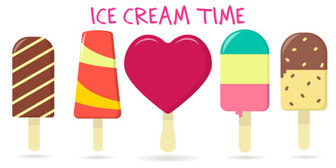 A set of five different sweet ice cream on a background with text. Flat style, vector illustration.
